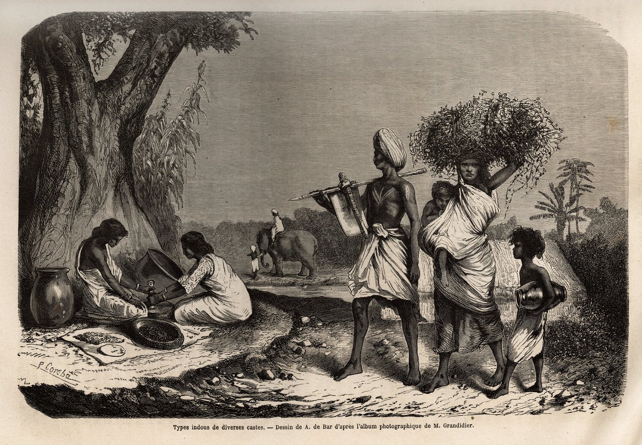 Tipos hindúes de varias castas, una familia de vaysias (comerciantes), al pie del árbol, dos mujeres de la casta sudras de Unknown artist