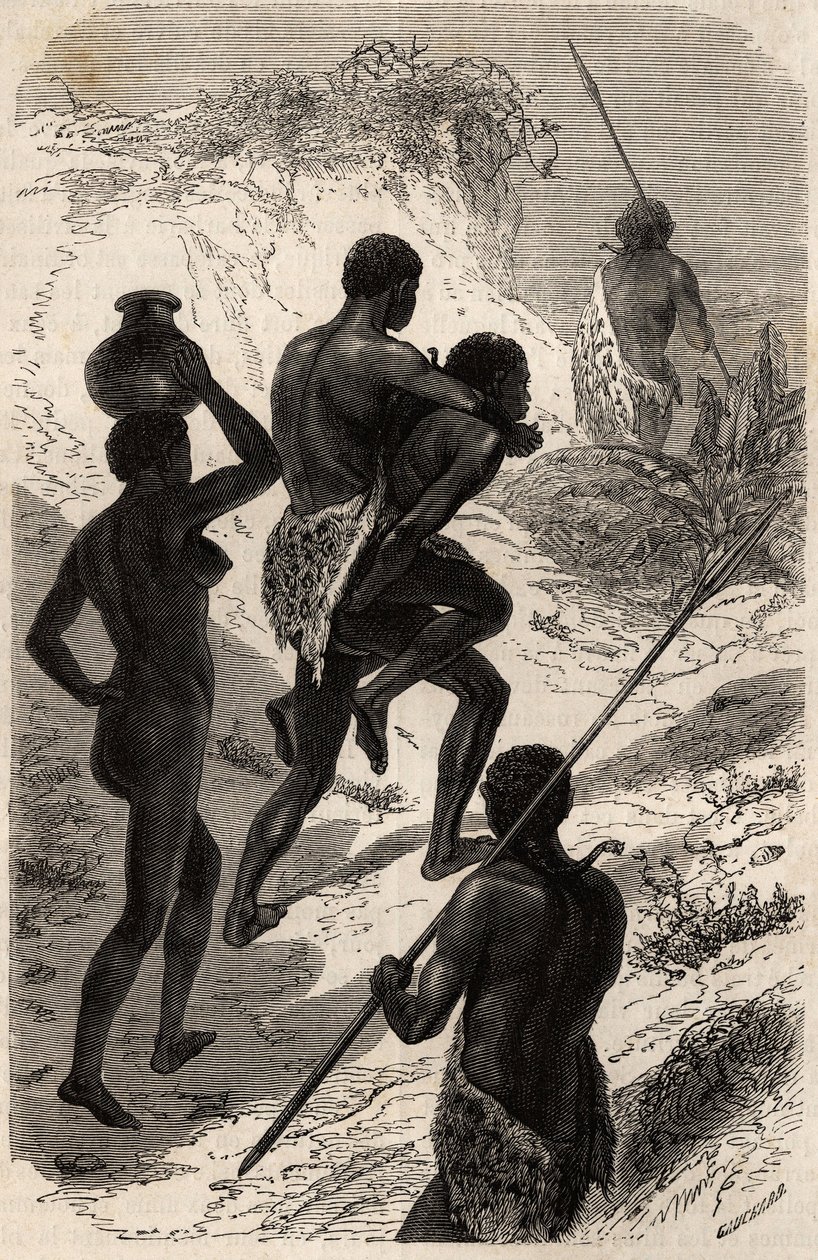 Su majestad Katchiba en un viaje, líder de la tribu Obbos (tribu de la región del Nilo Blanco), a lomos de uno de sus súbditos y siempre acompañado por otros dos para que sirvan alternativamente como guía y montura, una mujer los acompaña que lleva un de Unknown artist