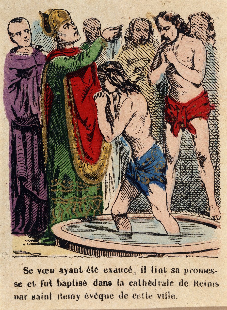 Su voto había sido cumplido, Clodoveo fue bautizado en la catedral de Reims por San Remigio, obispo de la ciudad de Unknown artist