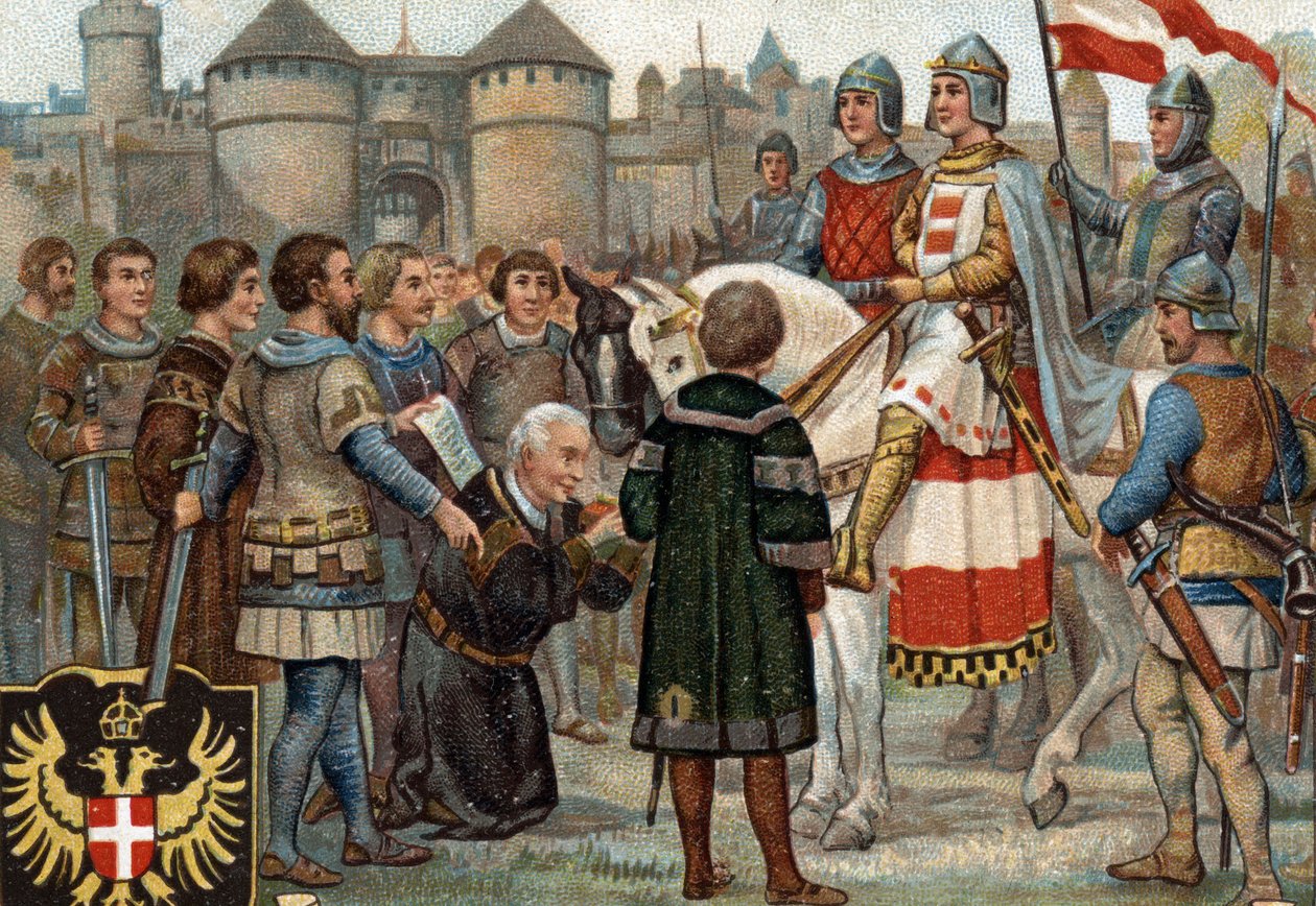 Episodios históricos de ciudades famosas: Rodolfo de Habsburgo (Rodolfo I del Sacro Imperio 1218-1291) tomó posesión de Viena (1276). Rodolfo I fue rey de los romanos y al tomar posesión de la ciudad de Viena fundó el poder de los Habsburgo. Cromolitografí de Unknown artist