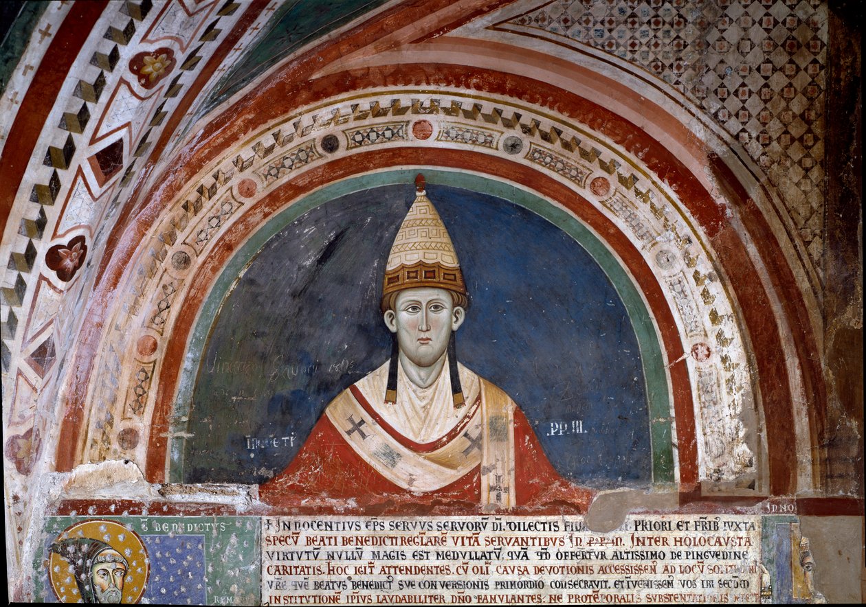 Historia de San Francisco de Asís: representación del Papa Inocencio III, mostrando la bula que confirma la regla franciscana en 1210 (fresco) de Unknown artist