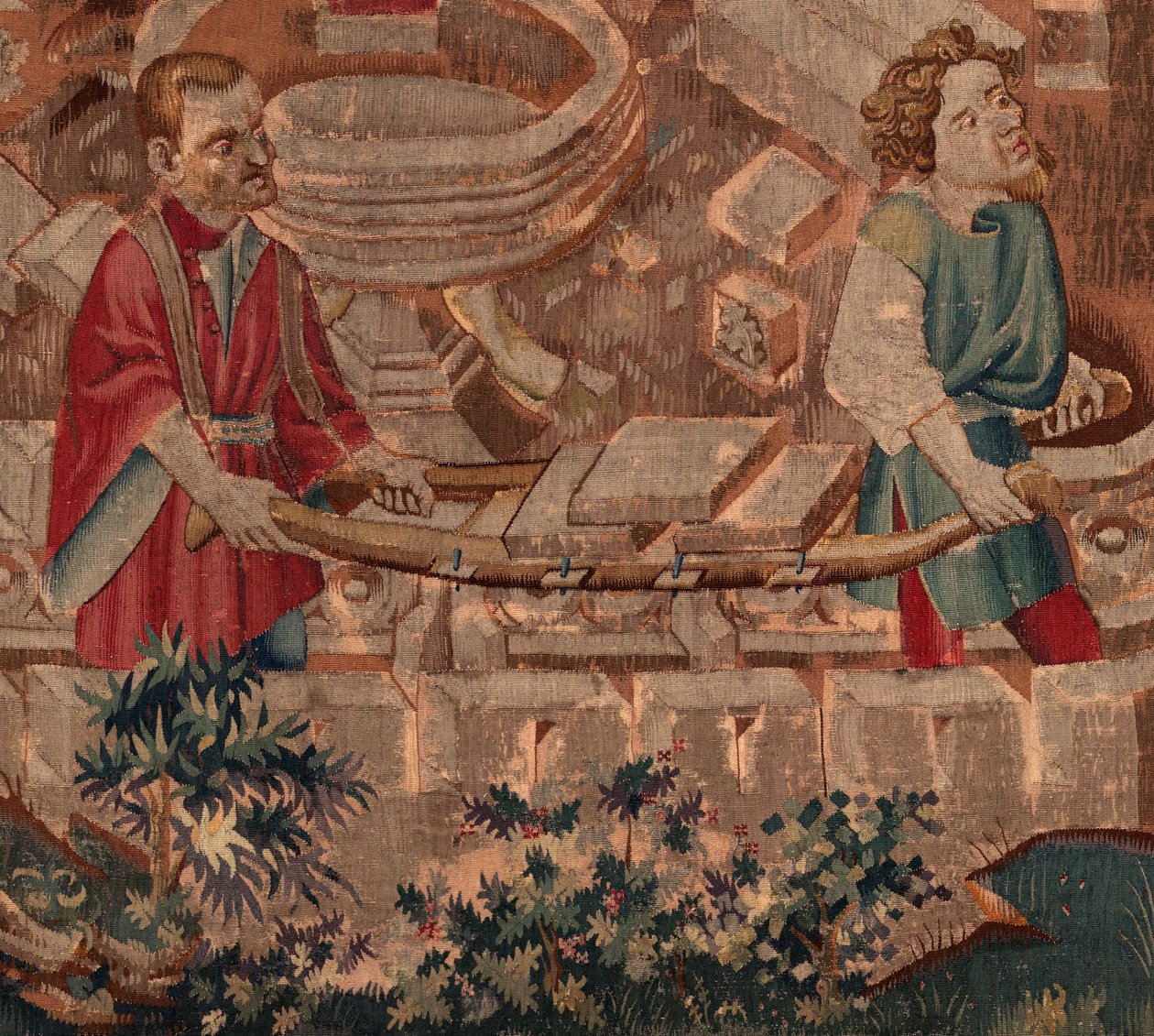 Historia de San Piat y San Eleuterio, Escena 5 (detalle) Parte inferior. Albañiles transportando piedras. de Unknown artist