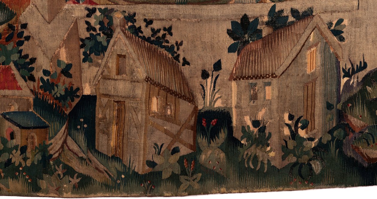 Historia de San Piat y San Eleuterio, Escena 7: Bautismo de los exiliados cristianos. Detalle inferior. Dos casas. de Unknown artist