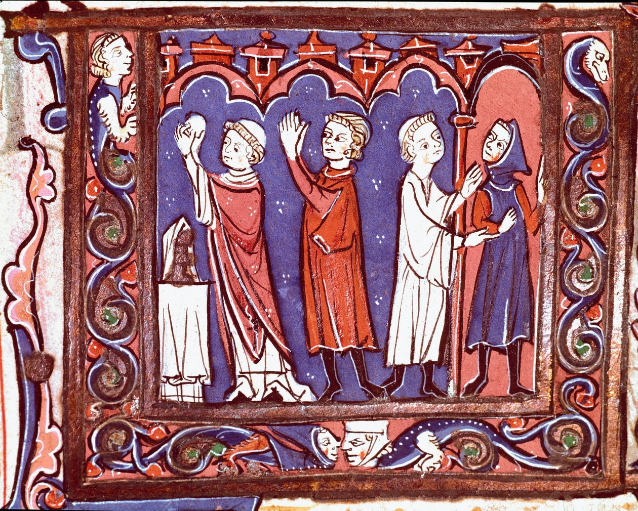 Historia del derecho canónico: escena de comunión (izquierda) y excomunión (derecha). Miniatura de 