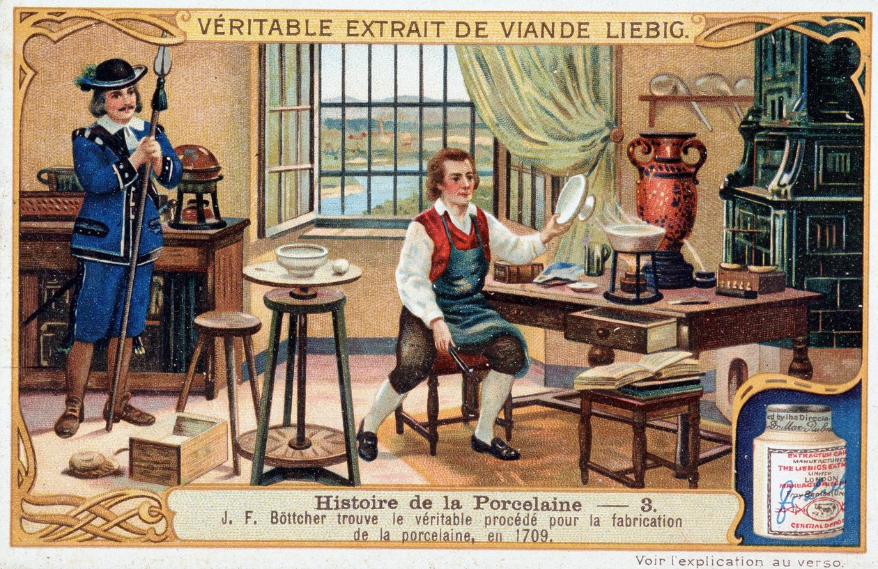 Historia de la porcelana: Johann Friedrich Bottger (Böttcher o Böttiger) (1682-1719) encuentra el método verdadero para hacer porcelana en 1709 - cromolitografía de Liebig de Unknown artist