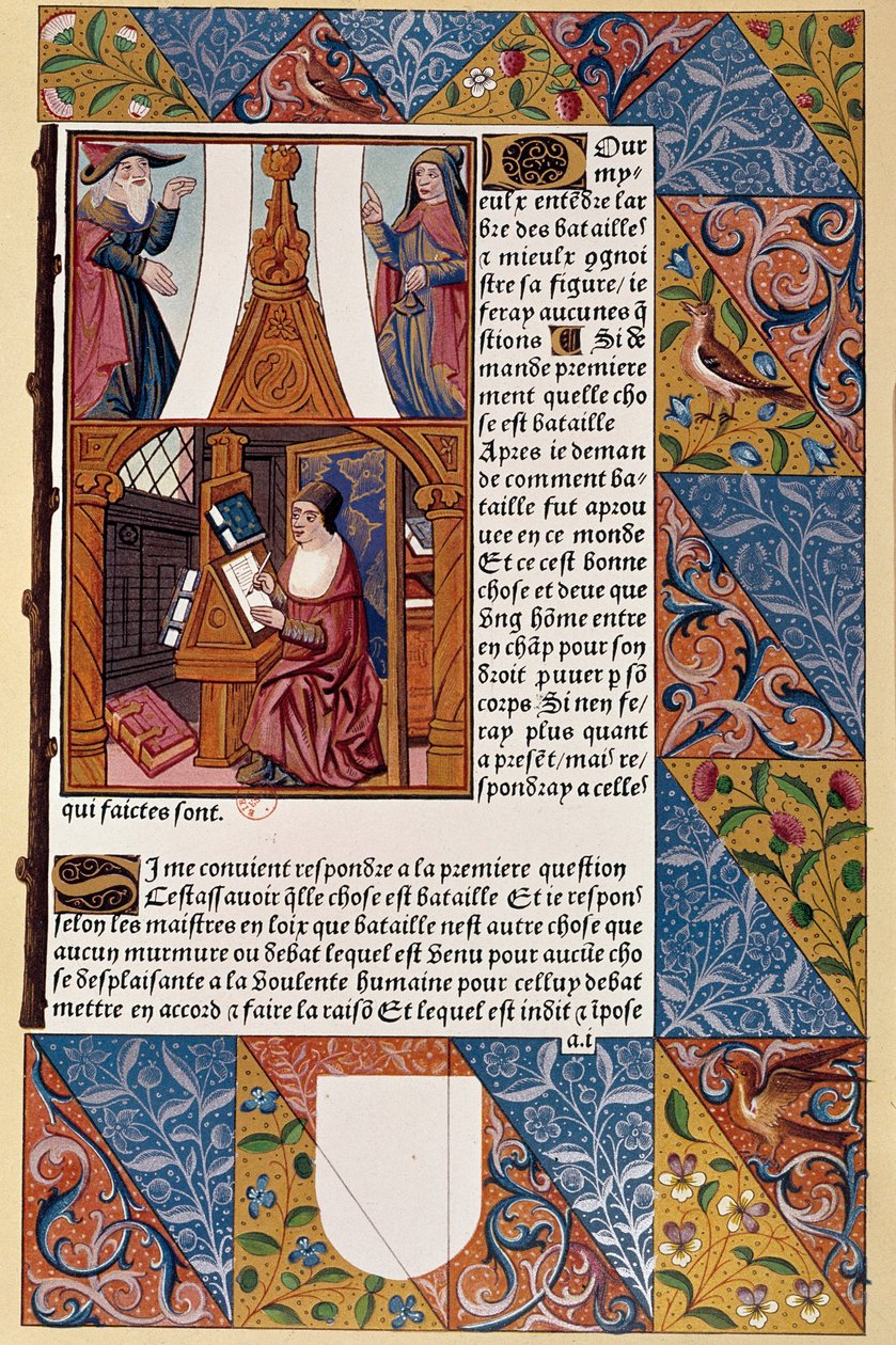 Historia de la impresión: el editor Antoine Verard (? -1513) componiendo su libro. De un manuscrito de 1494 de Unknown artist