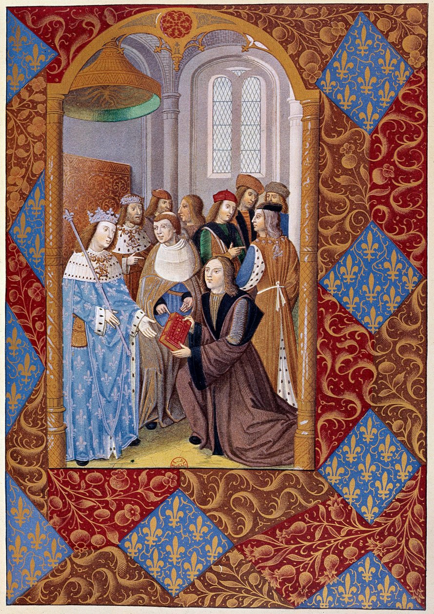 Historia de la impresión: el editor Antoine Verard (? -1513) presenta su libro al rey Carlos VIII. De un manuscrito de 1494 de Unknown artist