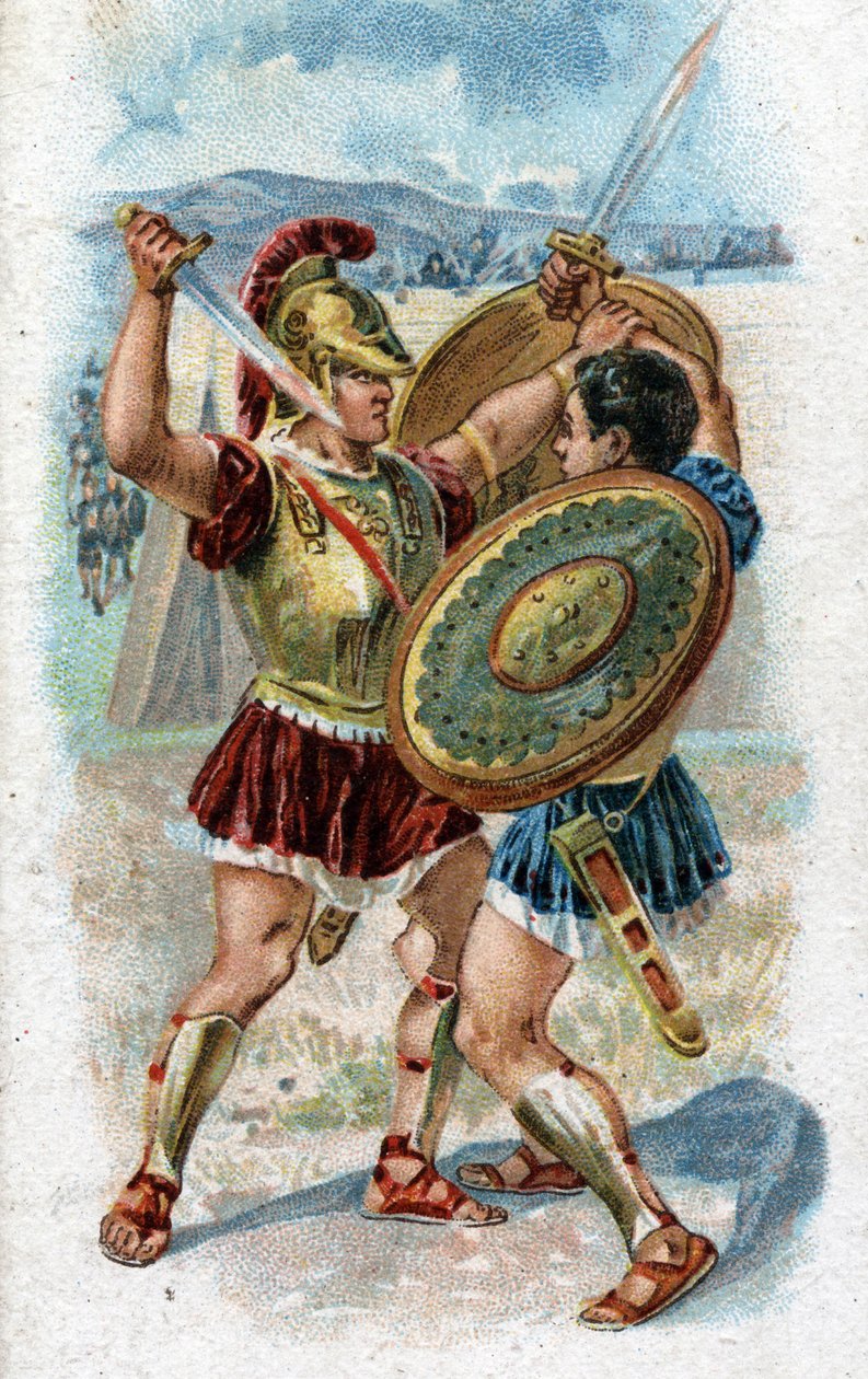 Historia de la vida de Aquiles, héroe legendario de la Guerra de Troya: Aquiles luchando contra Héctor para vengar la muerte de Patroclo. Cromolitografía de 1890. de Unknown artist