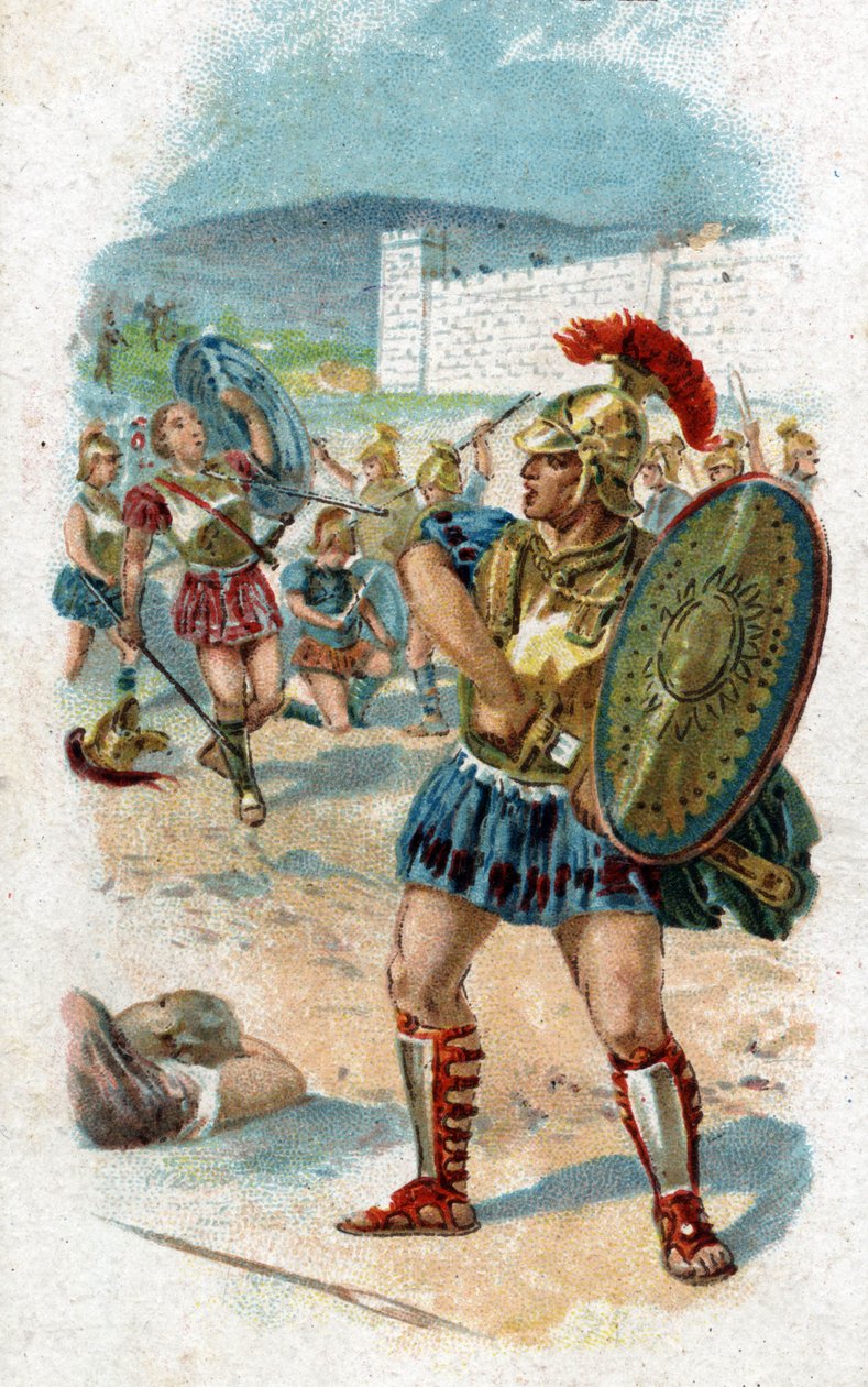 Historia de la vida de Aquiles, héroe legendario de la Guerra de Troya: Patroclo obtiene permiso de Aquiles para salvar a los griegos llevando sus armas. Será asesinado por Héctor, quien toma las armas de Aquiles como botín. Cromolitografía de 1890. de Unknown artist