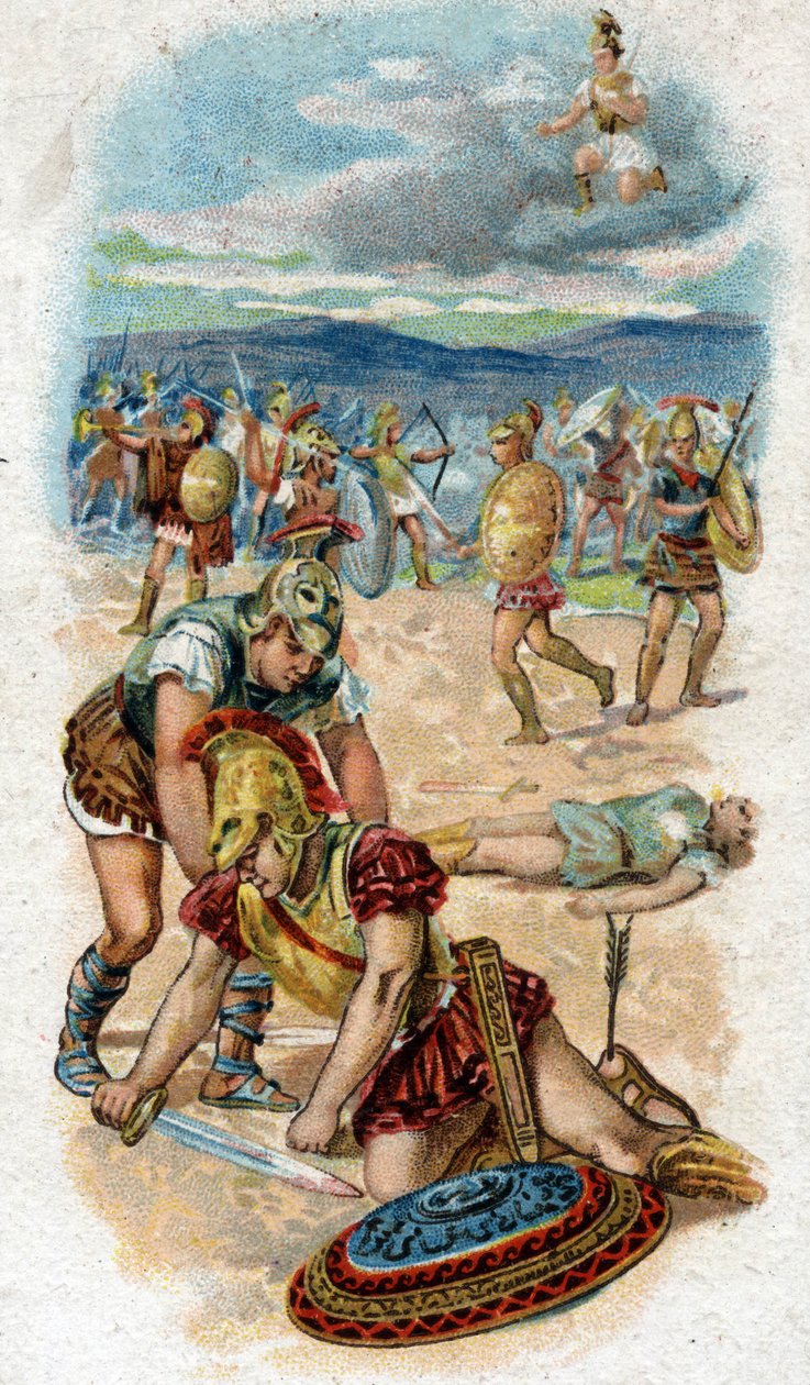 Historia de la vida de Aquiles, héroe legendario de la Guerra de Troya: muerte de Aquiles, al pie de los muros de Troya, el talón, su punto débil, atravesado por una flecha lanzada por Paris. Cromolitografía de 1890. de Unknown artist