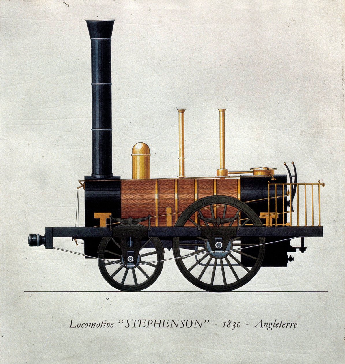 Historia del transporte: tabla que representa una locomotora “Stephenson” hecha en Inglaterra. de Unknown artist