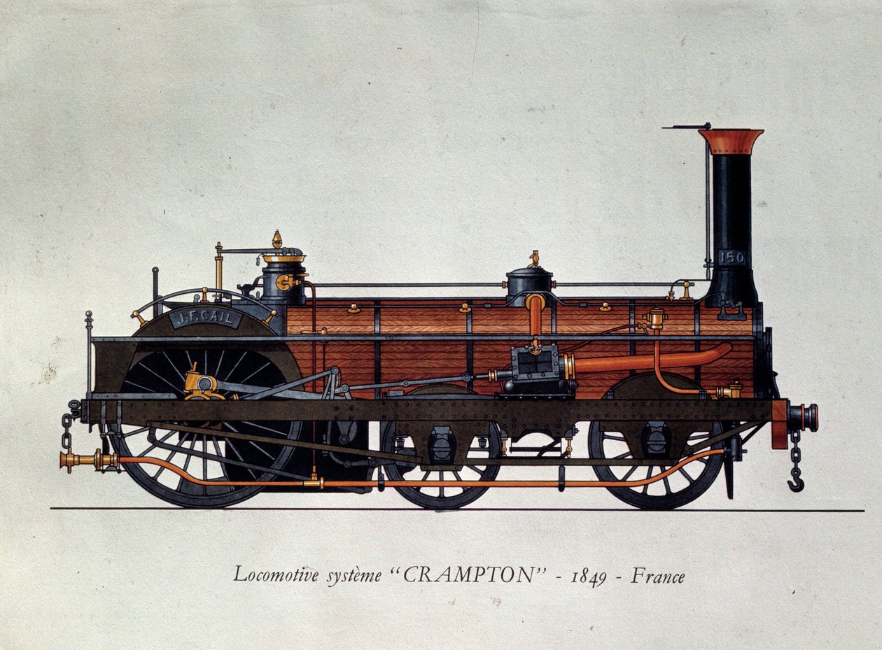Historia del transporte: modelo de locomotora, sistema Crampton nombrado en honor a Thomas Russell Crampton (1816-1888), ingeniero británico: creó una locomotora de alta velocidad. Grabado de 1849 de Unknown artist