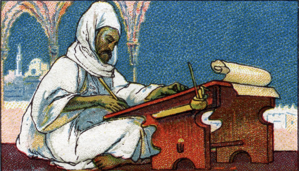 Historia de la escritura: un escriba musulmán escribiendo en árabe, principios del siglo XX (cromo) de Unknown Artist