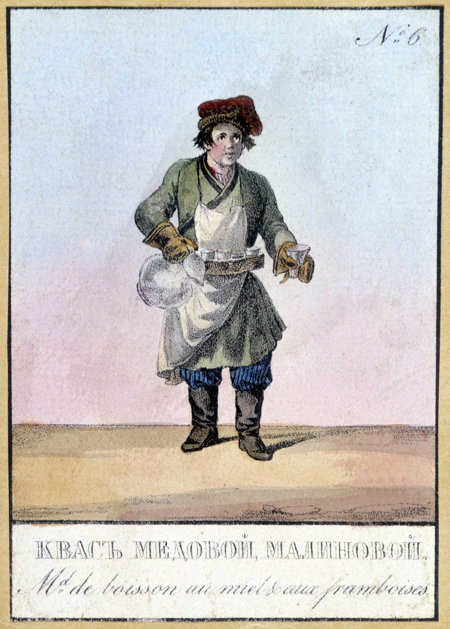 Vendedor de bebida de miel y frambuesa en Rusia en el siglo XIX. Ilustración del siglo XIX. de Unknown artist