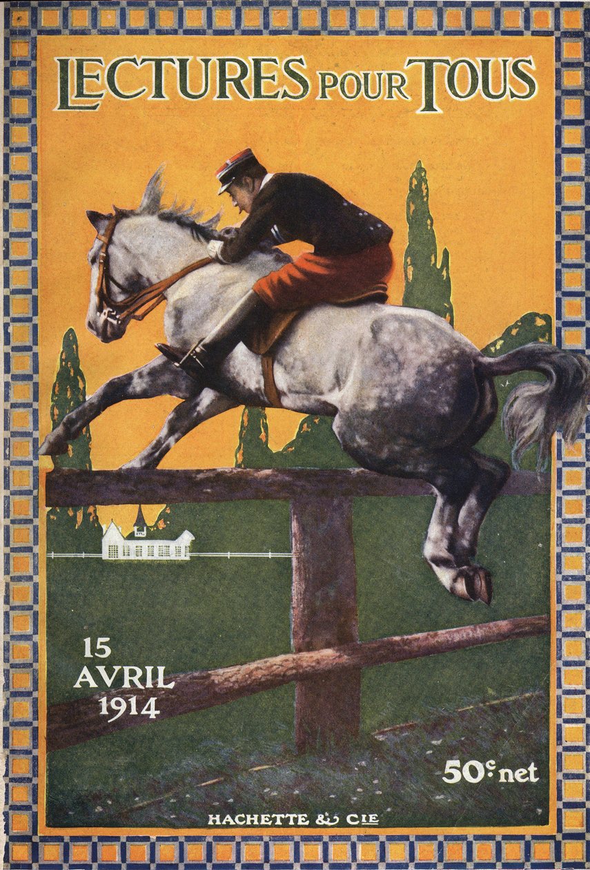 A caballo: Oficial francés a caballo cruzando una barrera. "Lectures pour tous" del 15 de abril de Unknown Artist