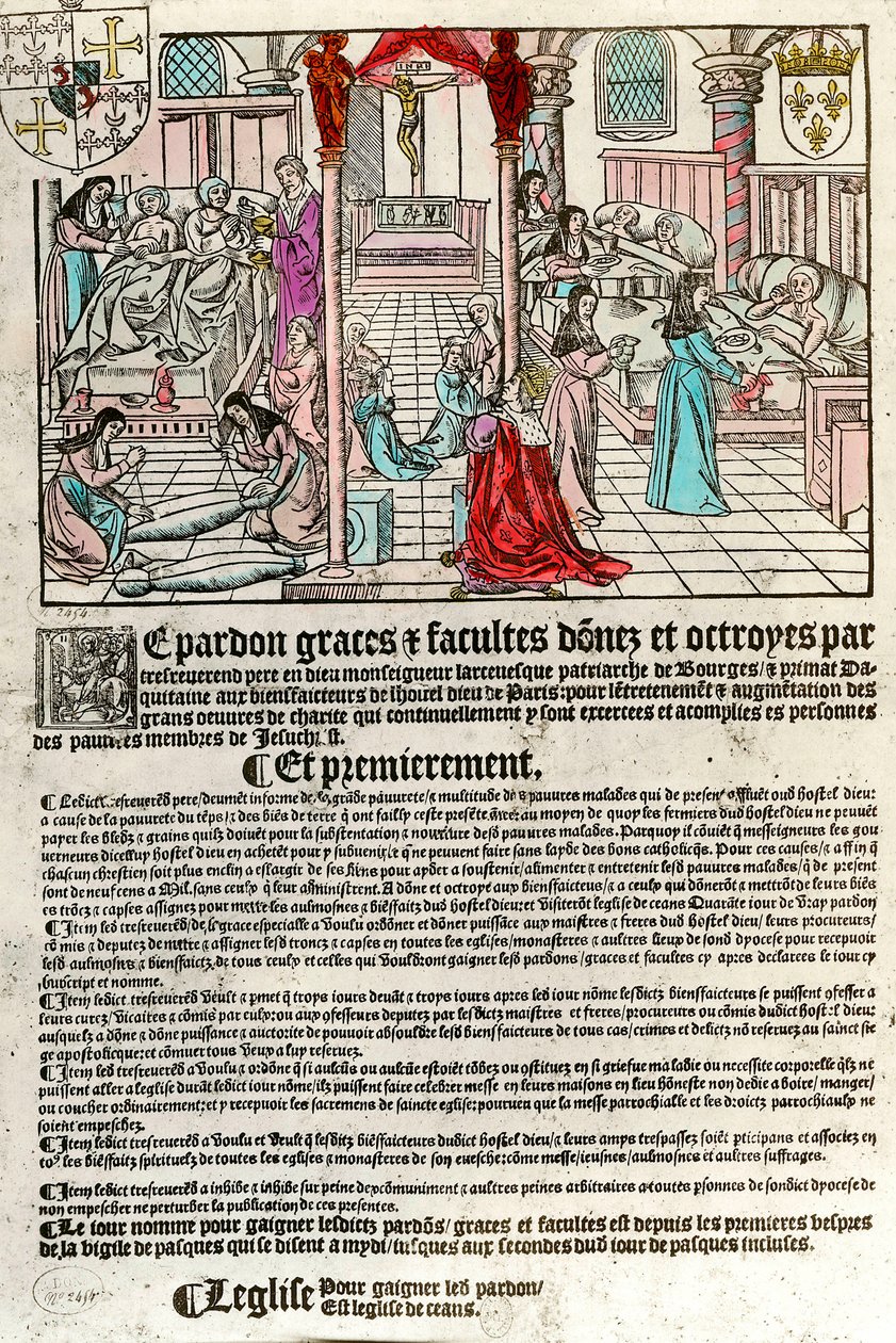 Hospital en el siglo XVI: Carta de indulgencia (Derecha: escena de hospital. Izquierda: moribundos y muertos) de Unknown artist