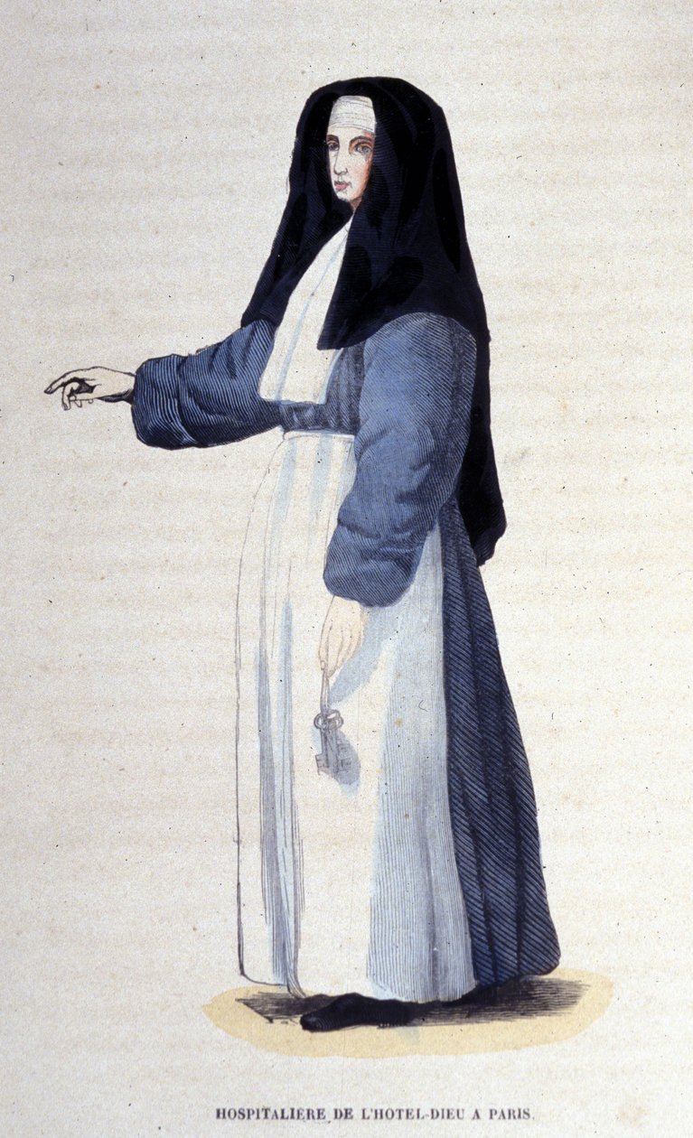 Hospitalaria del Hôtel-Dieu en París. Grabado de un álbum sobre órdenes religiosas, París de Unknown artist