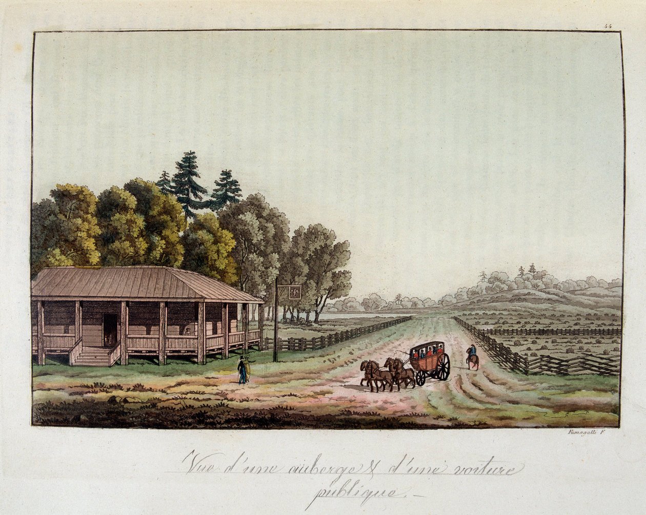 Hostal y diligencia en los Estados Unidos - en "El traje antiguo y moderno" de Ferrario, ed. Milán de Unknown artist