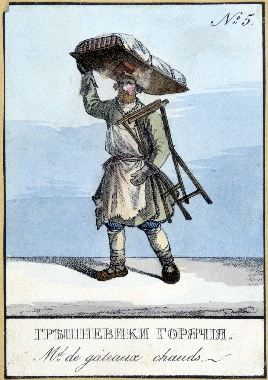 Vendedor de pasteles calientes en Rusia en el siglo XIX. Ilustración del siglo XIX de Unknown artist