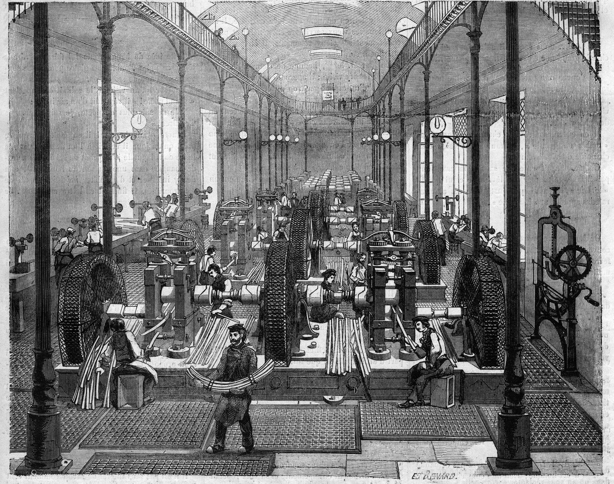 Hotel de la Monnaie en París: vista del taller de laminado y corte donde se fabricarán las nuevas monedas de veinticinco francos conocidas como “emperadores” - Grabado en “Le Journal Illustré” de Unknown artist