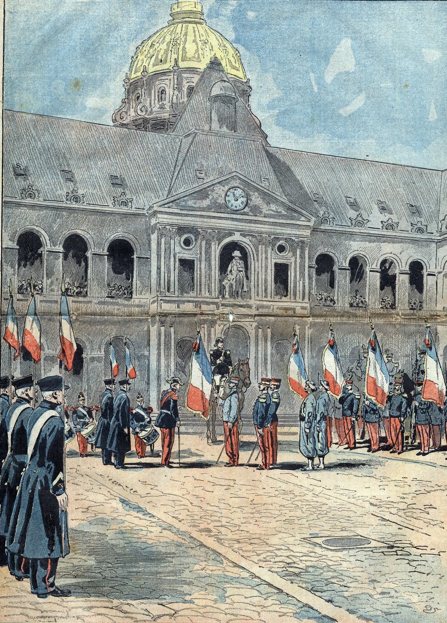 Hotel des Invalides - París - 26 de junio de 1898: una delegación entregó al General Arnoux, gobernador de los Inválidos, la bandera del Regimiento de Argelia que ondeó el 30 de septiembre de 1895 en el palacio de la Reina de Tananarive. Ilustración en “Le de Unknown artist
