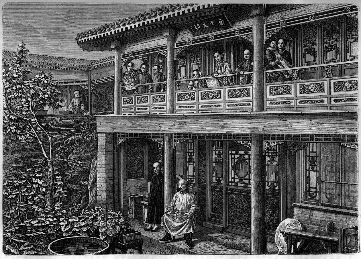 Casa de un rico comerciante chino; Grabado en “The Youth Journal” de Unknown artist