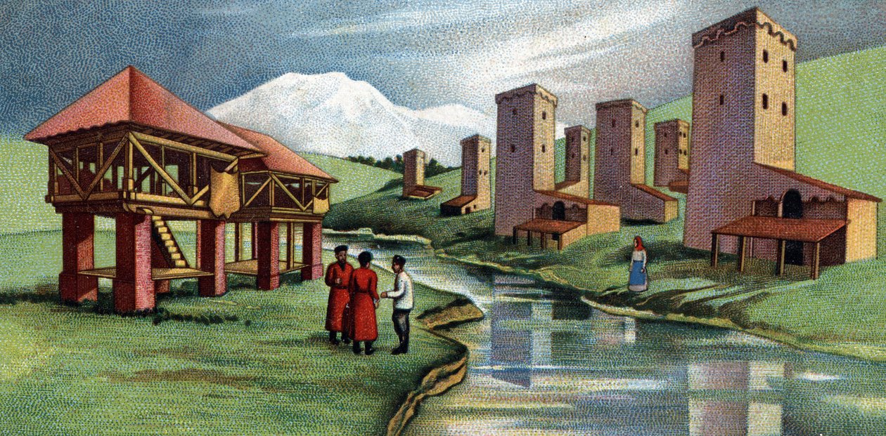 Houses with fortified towers, Western Caucasus, Sovietique Union (USSR) (Casas con torres fortificadas, Cáucaso occidental, Unión Soviética) Cromolitografía de 1930 Colección particular de Unknown Artist