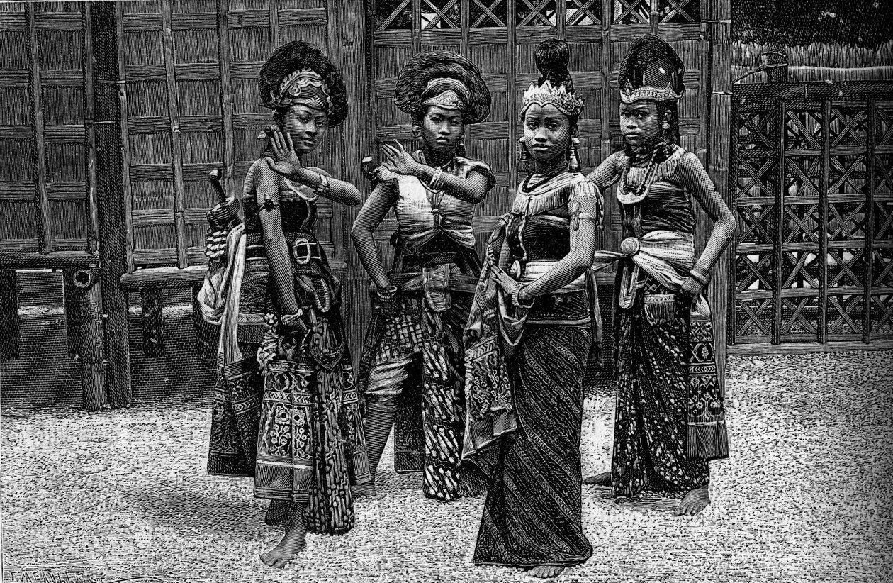 Zoo Humano: Bailarines javaneses en kampong, en la Exposición Mundial de 1889. (De una fotografía de Mr. Levy). Grabado en "Le Journal de la jeunesse" de Unknown artist