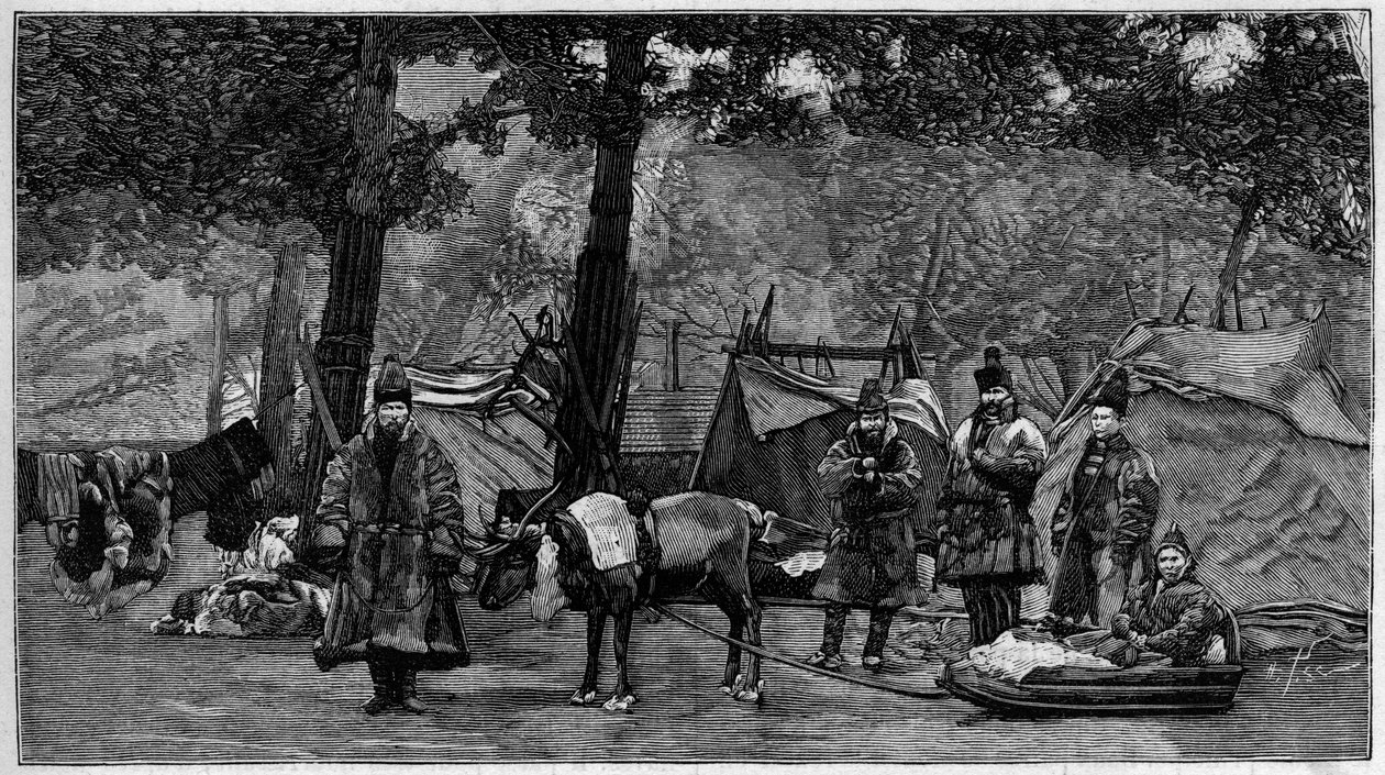Zoo Humano: Campamento lapón en el Jardín de Aclimatación de París. Grabado en “La Nature. Revue des sciences et de ses aplicaciones aux arts et à l