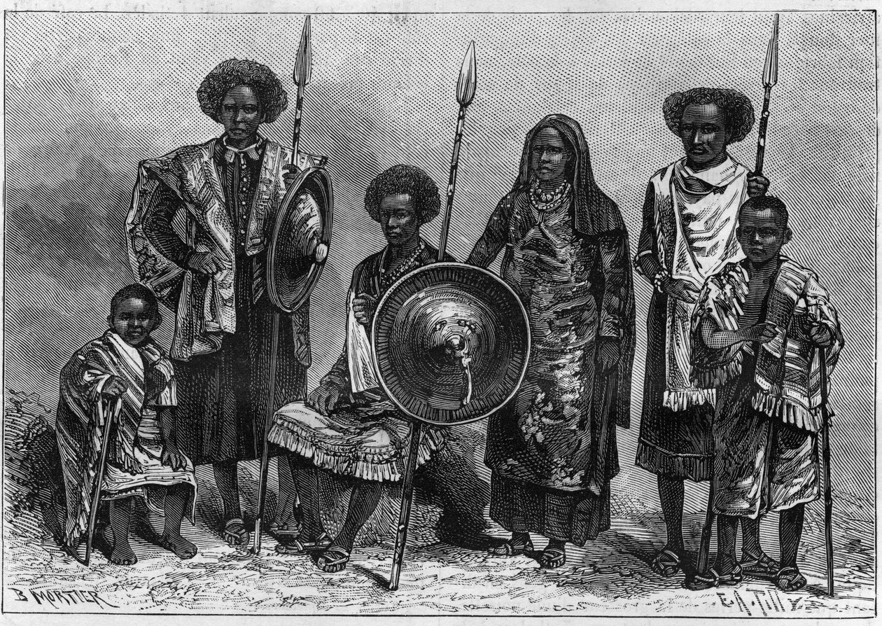 Zoo Humano: grupo de Assabais, una tribu de Etiopía, entonces colonia italiana. Exhibidos en Turín como parte de la Exposición Nacional de 1884. Grabado en "Nature. Revue des sciences et de ses applications aux arts et à l