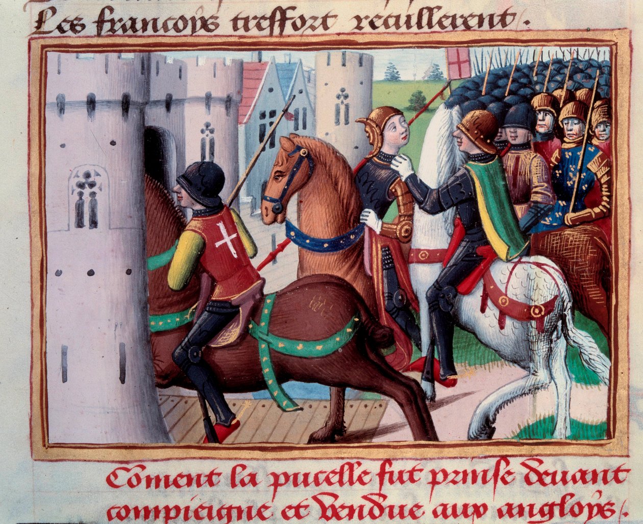 Guerra de los Cien Años: Juana de Arco (1412-1431) prisionera antes de Compiègne el 24 de mayo de 1429. Miniatura del manuscrito de 