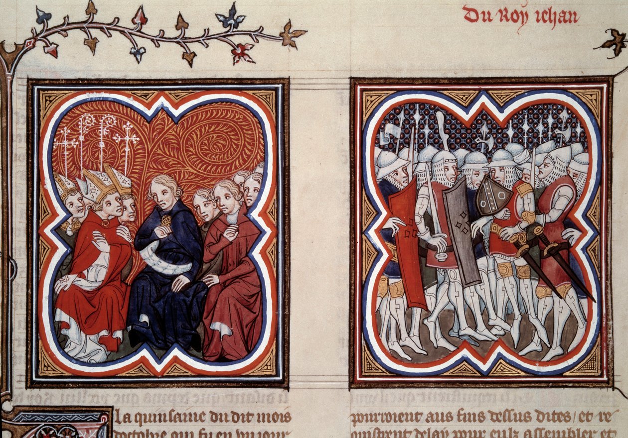 Guerra de los Cien Años: A la izquierda el futuro delfín Carlos V el sabio (1338-1380) y los consejeros de los Estados Generales ordenaron la liberación de su padre Juan II después de la batalla de Poitiers en 1356 de Unknown artist