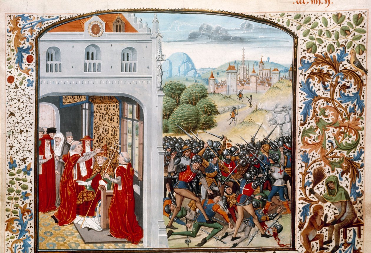 Guerra de los Cien Años: El Papa Gregorio XI (1329-1378) coronado en Aviñón en 1370. La batalla de Pontvallain entre franceses e ingleses el 4/12/1370 de Unknown artist