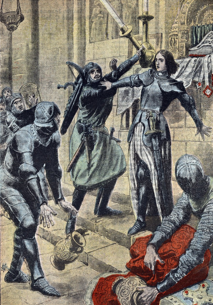 Guerra de los Cien Años: "Representación de la heroína francesa Juana de Arco (1412-1431) impidiendo que los soldados de Carlos II de Albret saquearan la iglesia de Saint-Pierre-le-Moutier, Nievre Borgoña, 4/11/1429" (La heroína francesa Juana de Arco luch de Unknown Artist