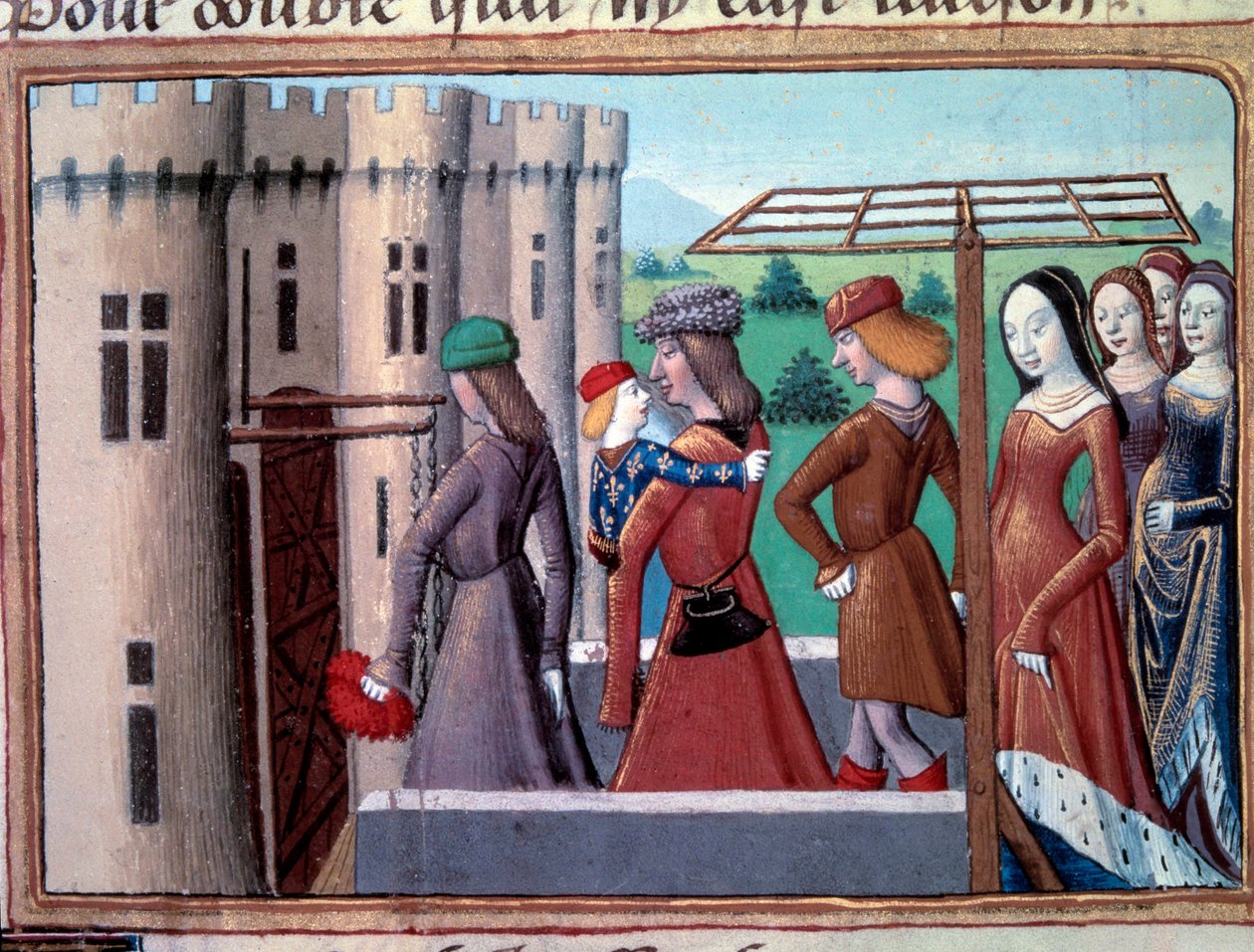Guerra de los Cien Años: el delfín y futuro rey Carlos VII regresa a París después de haber huido a Bourges durante la guerra civil entre Armagnacs y Borgoñones el 29/05/1418, junio de 1418. Miniatura de "Vigiles du roi Charles VII" de Martial d