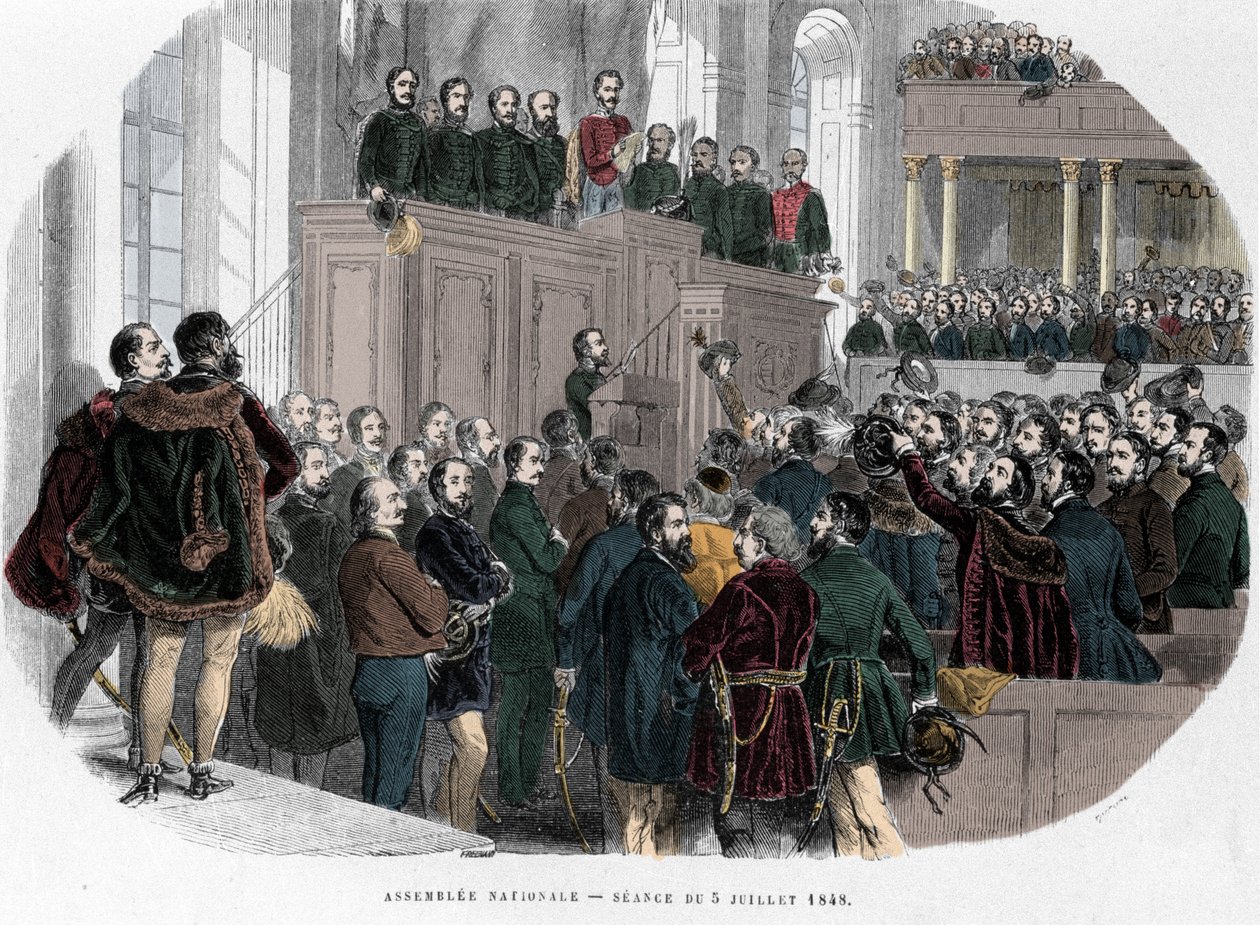 Revolución Húngara de 1848: Primera reunión de la Asamblea Nacional en Hungría el 5 de julio de 1848. Grabado en “Hungría Histórica por J. Boldenyi París 1853” de Unknown artist