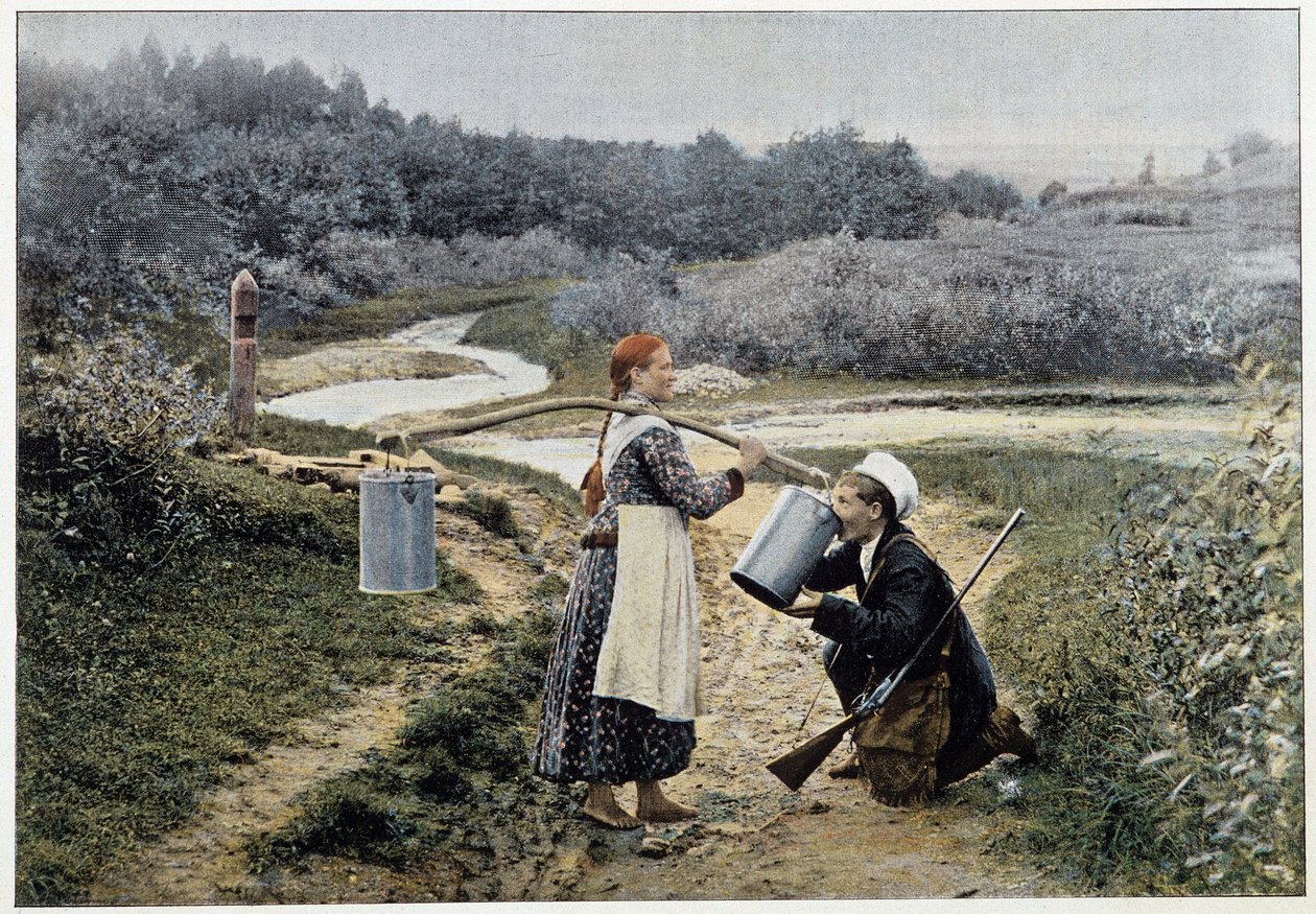 Cazador y niña en la fuente (Rusia) - fotografía, finales del siglo XIX de Unknown artist