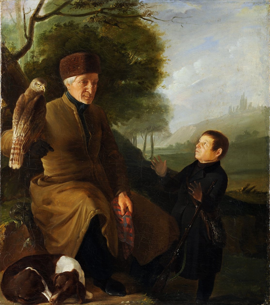 Cazador con halcón. Retrato del Príncipe Platon Alexandrovich Zubov e Ivan Andreevich Yakubovsky de Unknown artist
