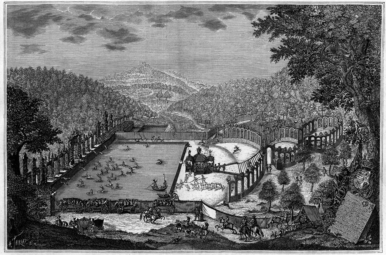 Caza en Alemania en el siglo XVIII: una cacería de ciervos cerca de Leonberg en 1748. (De una fotografía). Grabado en “La Nature: revue des sciences et de leurs aplicaciones aux arts et a l