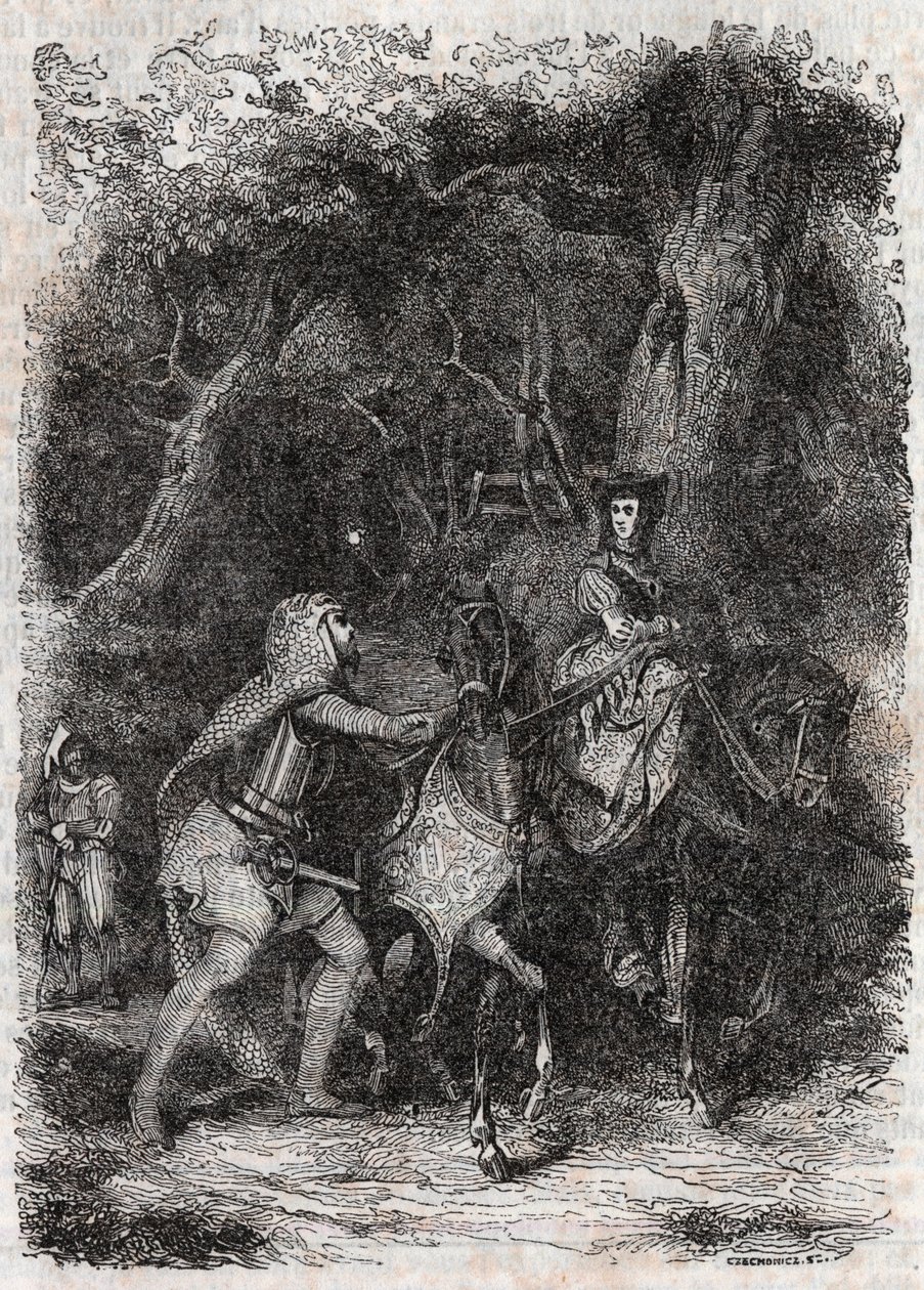 Hipalca arrestada por Rodomonte - grabado de 1851 de “Roland Furioso” (Orlando furioso) (siglo XVI) de Ludovico Ariosto, conocido como el Ariosto - Edición traducida del italiano por el Conde de Tressan y publicada por Gustave Harvard. de Unknown artist