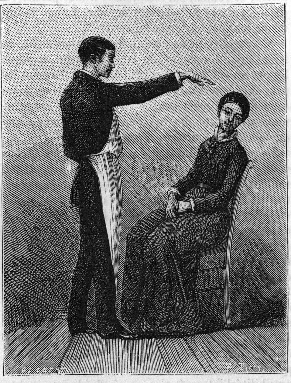 Fenómenos de hipnotismo: el hipnotismo se produce al extender repentinamente la mano frente al paciente. Grabado de 1881. de Unknown artist