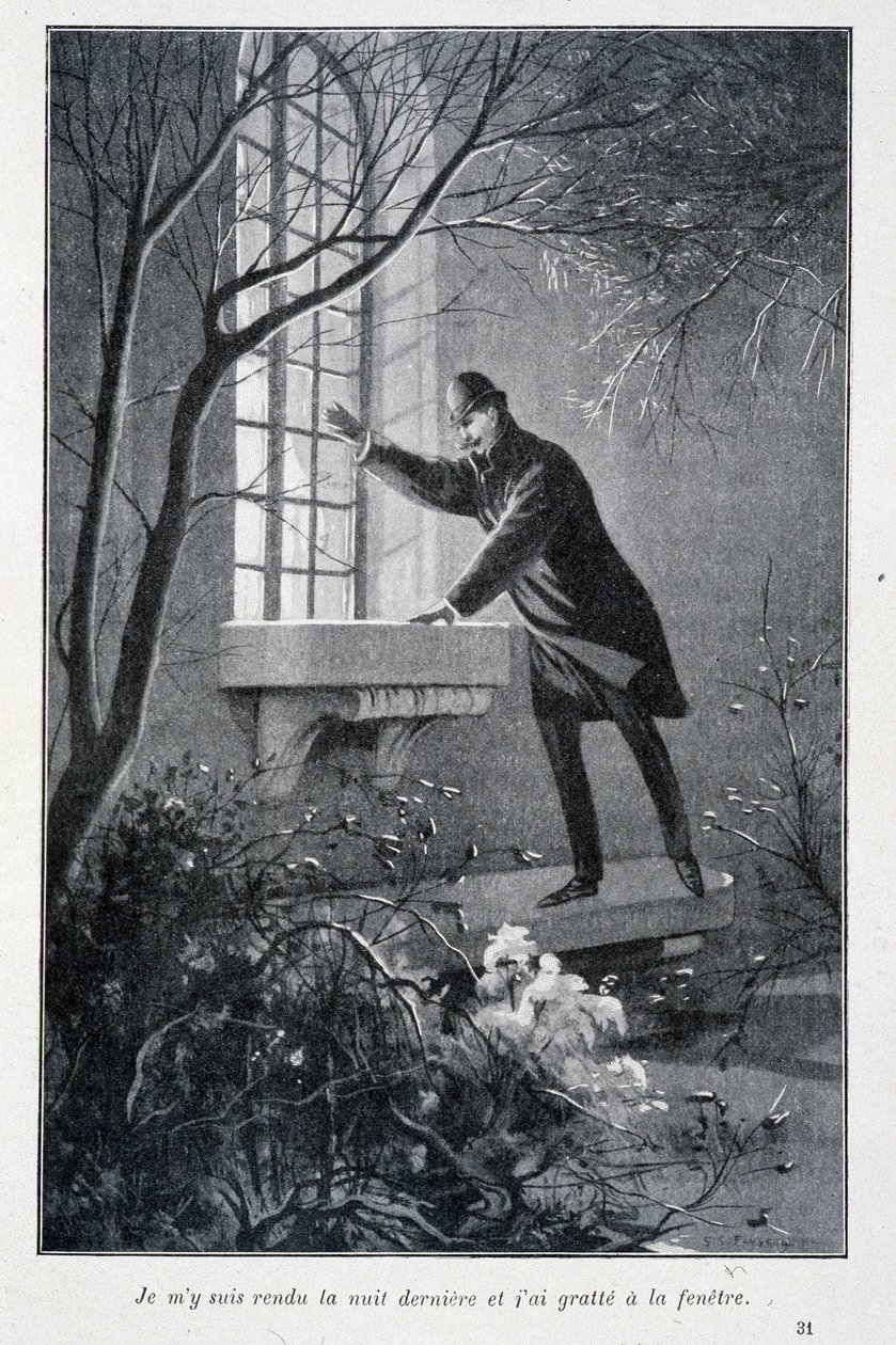 Fui anoche y rasqué en la ventana, ilustración en “Las primeras hazañas de Sherlock Holmes” de Conan Doyle. Sd. circa 1890 de Unknown artist