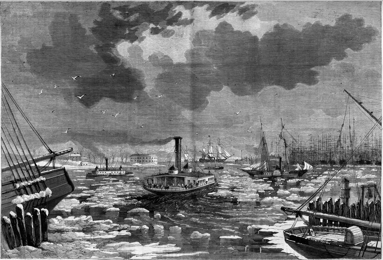 Deshielo en Nueva York visto desde el río Este. Grabado en “El Universo Ilustrado” de Unknown artist