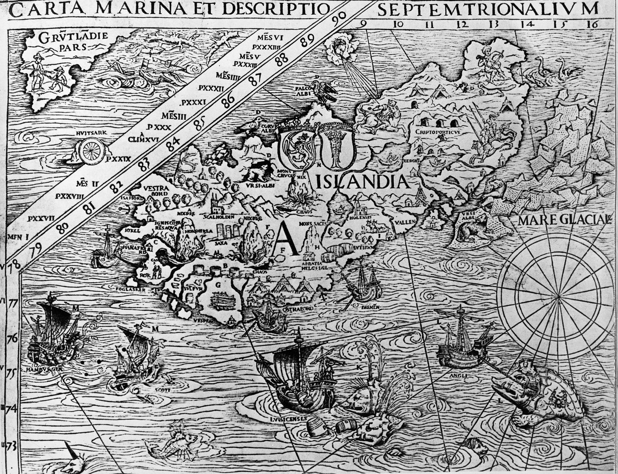 Islandia, circa 1539, detalle de Carta marina por el Arzobispo sueco, Olaus Magnus de Unknown artist