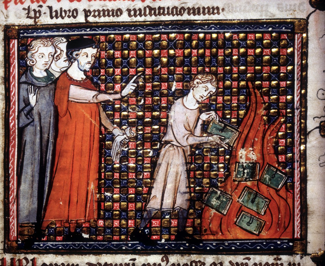 Iconoclastas arrojando manuscritos en miniatura al fuego. Manuscrito del siglo XIV de Unknown artist