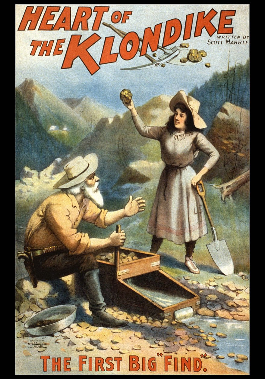 Ilustración que representa a un buscador de oro en el Klondike. El corazón del Klondike por S. Marble. Póster de finales del siglo XIX de Unknown artist