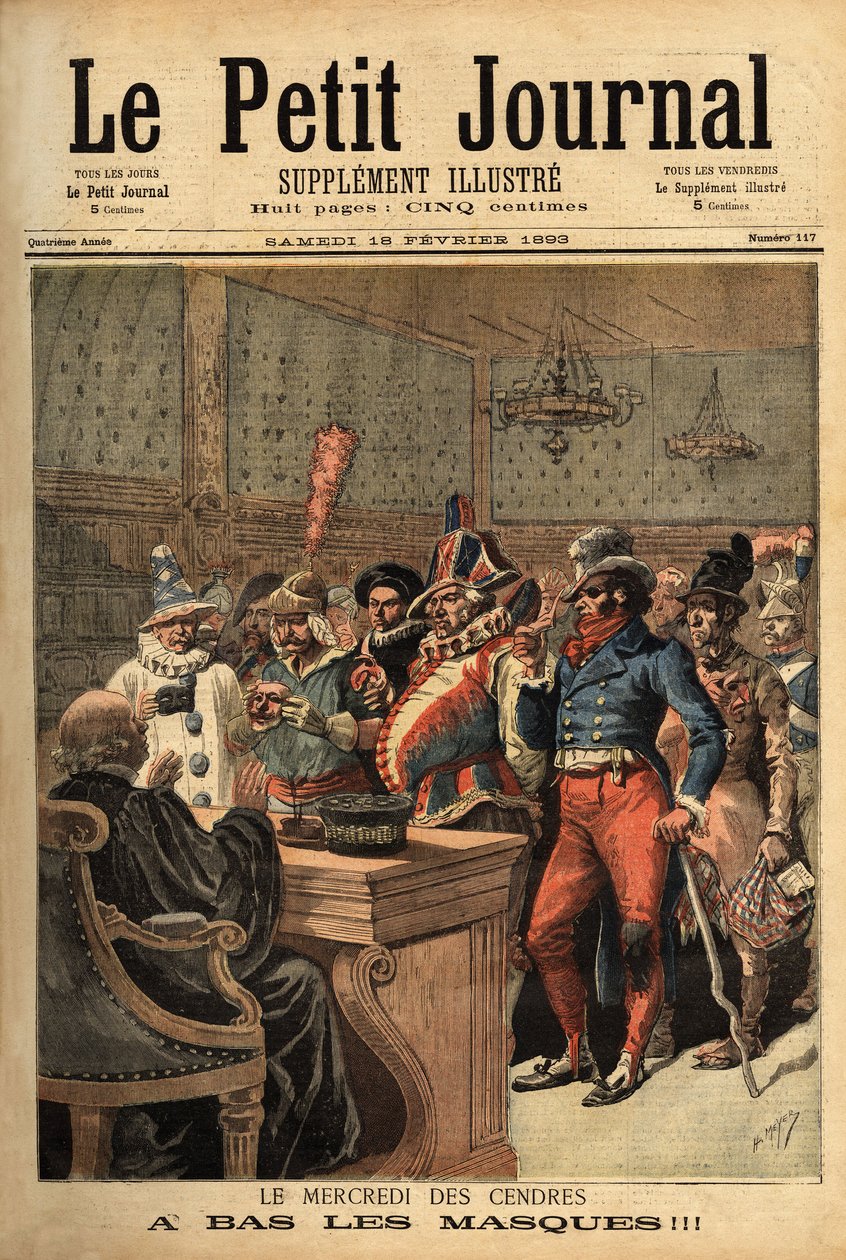 Ilustración para el Miércoles de Ceniza, después del Carnaval de Mardi Gras, los disfraces de fiesta pasan frente al juez para descubrirse. Grabado en “Le petit journal” 18/02/1893. Colección Selva de Unknown artist