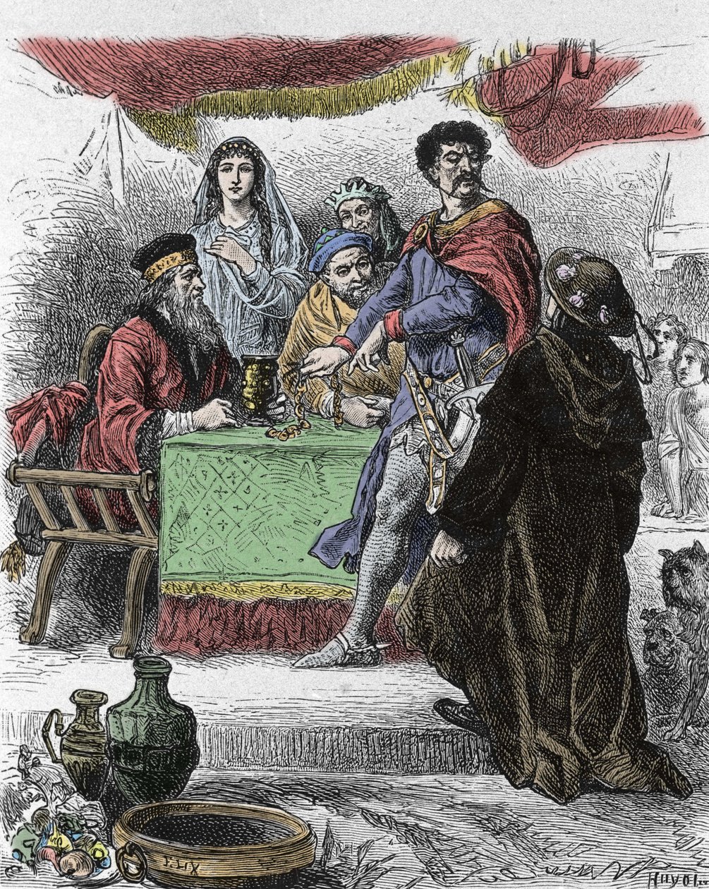 Ilustración para "Ivanhoe" de Walter Scott (1771-1832), escritor escocés: Ivanhoe es desafiado por el caballero sajón Brian de Bois Guilbert. de Unknown artist