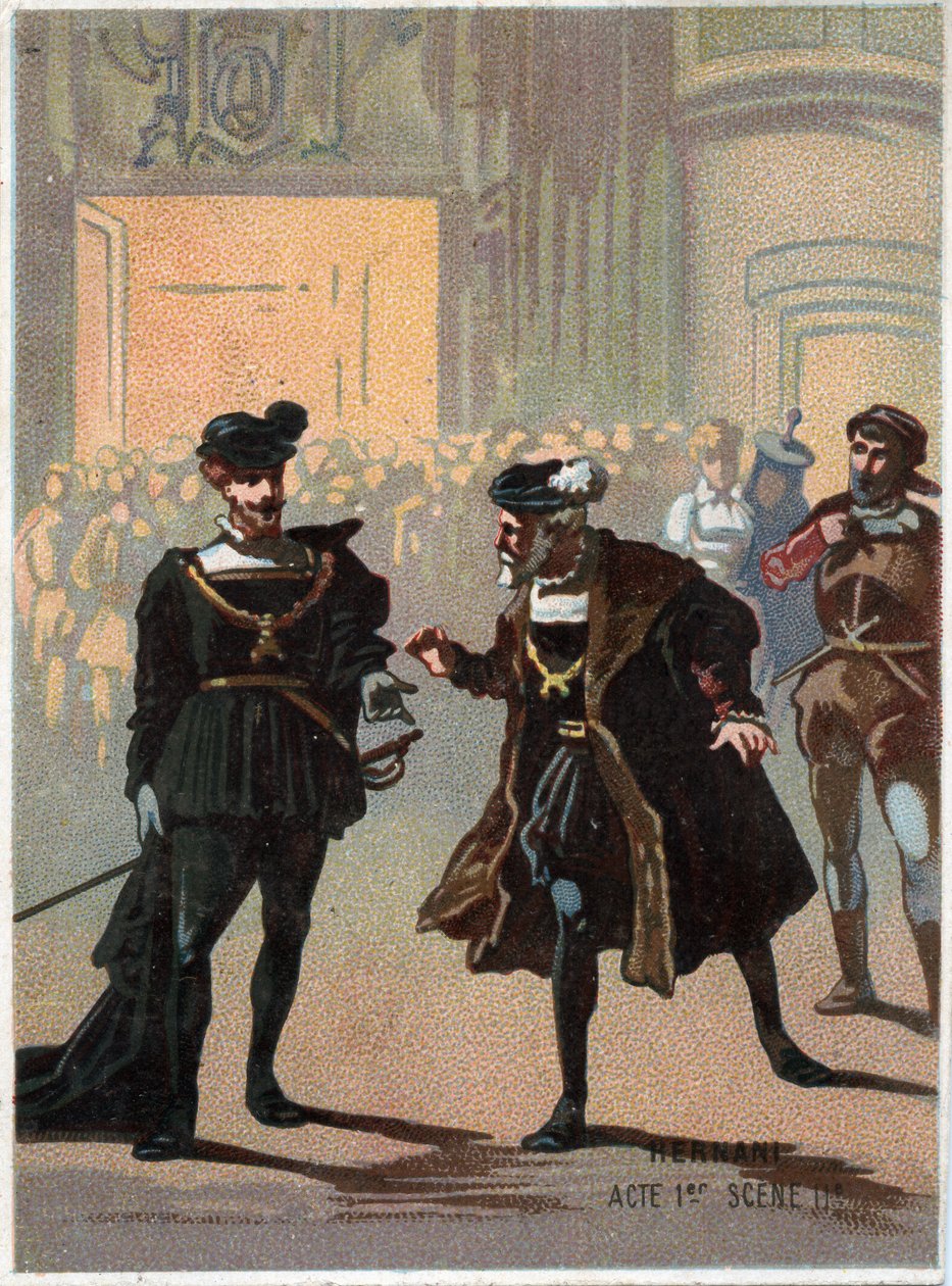 Ilustración de “Ernani” del compositor italiano Giuseppe Verdi (1813 - 1901), acto 1, escena II ópera creada en 1844 después de la tragedia “Hernani” de Victor Hugo. Cromolitografía de finales del siglo XIX. de Unknown artist