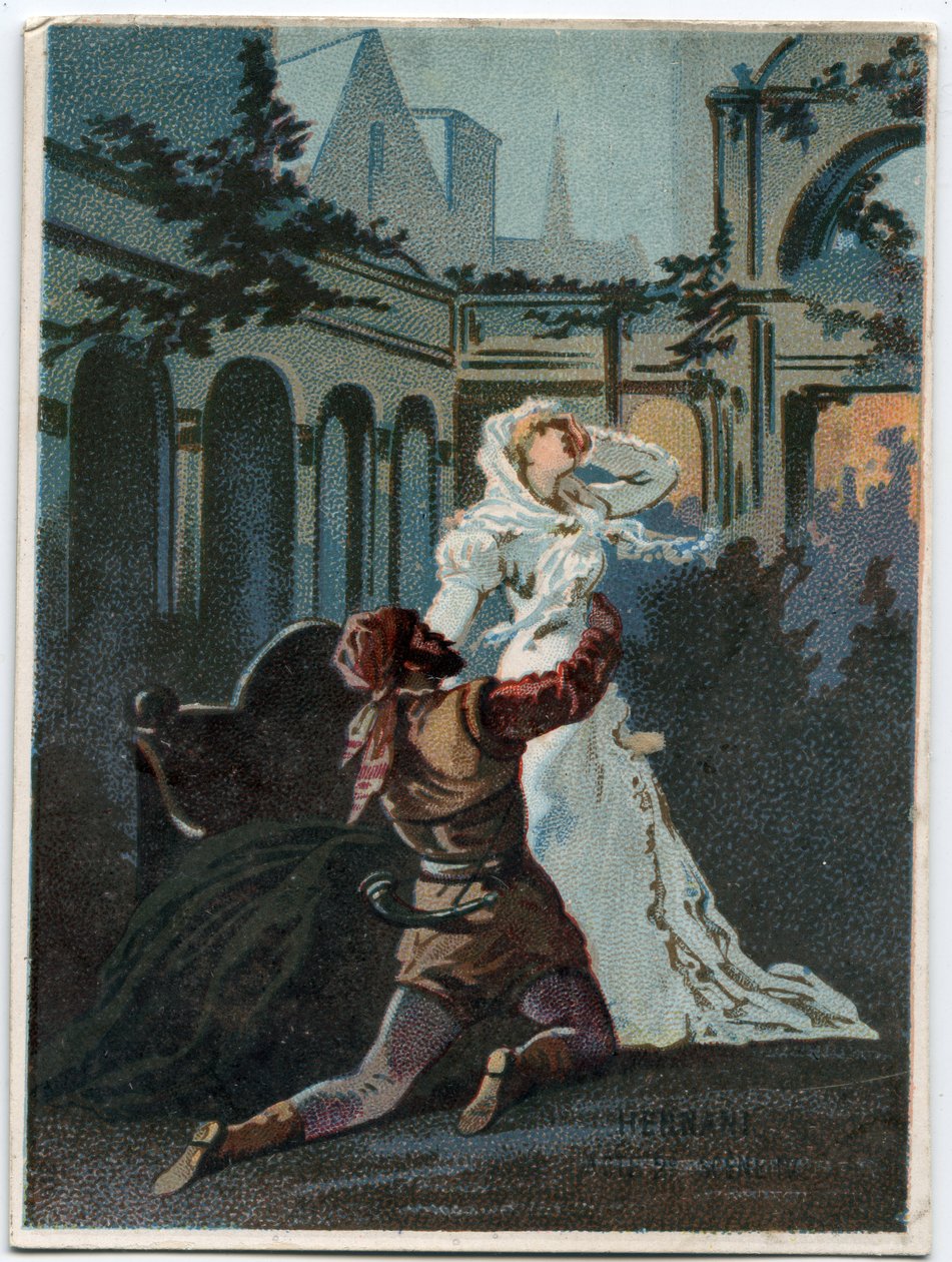 Ilustración de “Ernani” del compositor italiano Giuseppe Verdi (1813-1901), acto 2, escena IV ópera creada en 1844 después de la tragedia “Hernani” de Victor Hugo. Cromolitografía de finales del siglo XIX de Unknown artist